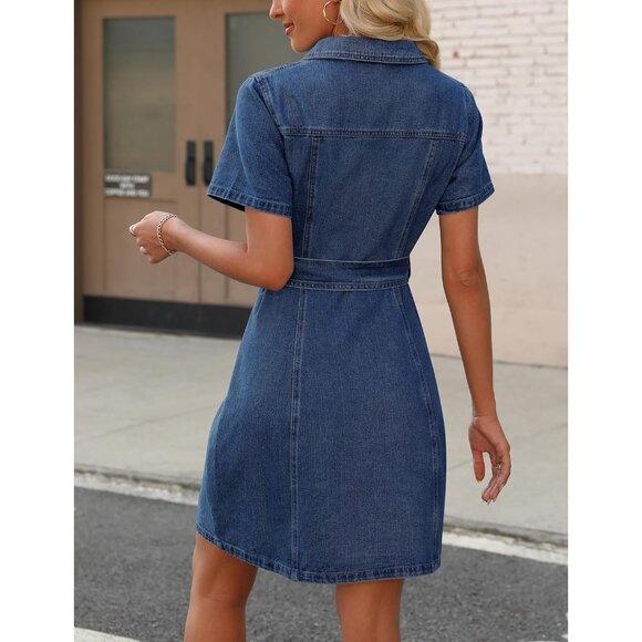Women's Denim Dress Summer Short Sleeve Button Down with Pockets Plus Size - Picture 2 of 5